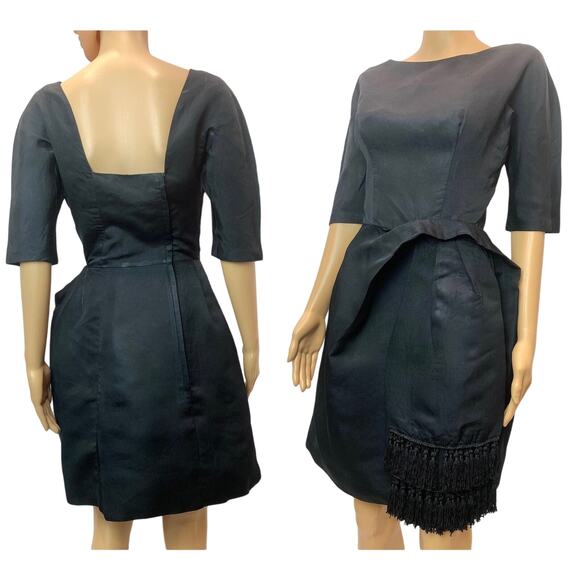 60s Black Cocktail Dress | Mid Century MOD Sash Fringe Accent  XS - Picture 4 of 9